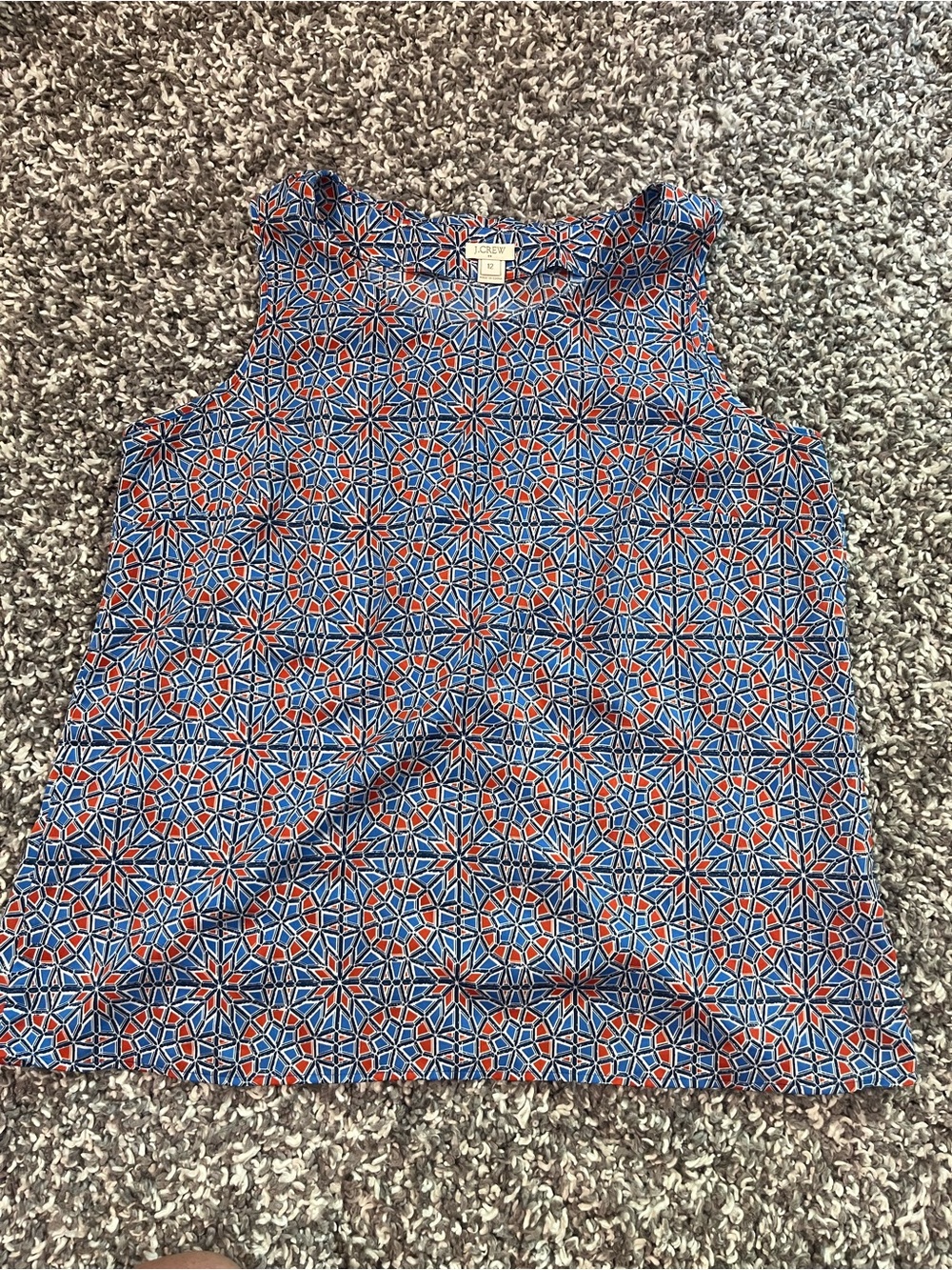 J. Crew Blue Geometric Print Sleeveless shirt with Red Accents